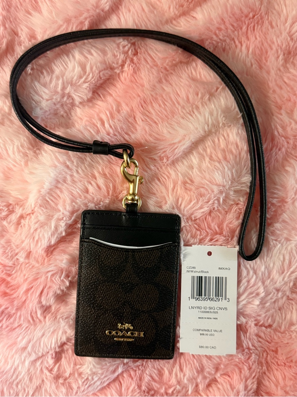 Coach Brown & Black Signature Lanyard Card Holder with Gold Hardware